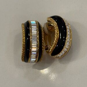 Swarovski Gold and Black Enamel with  Clear Crystal Designer Clip on Earrings